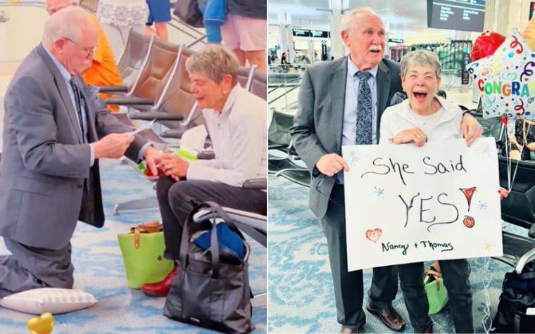 Tierno abuelito pide matrimonio a su novia de la adolescencia en el aeropuerto: Se reencontraron hace 3 semanas