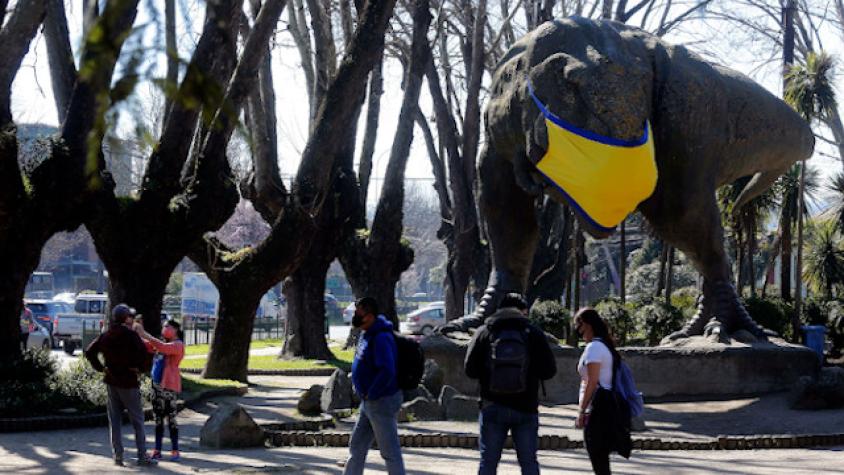 Dinosaurios de plaza en Concepción lucen mascarillas amarillas