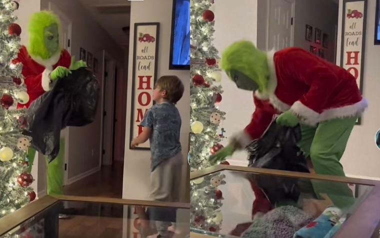 Hombre se disfrazó de “El Grinch” y fingió robar la Navidad: niño defendió con todo sus regalos