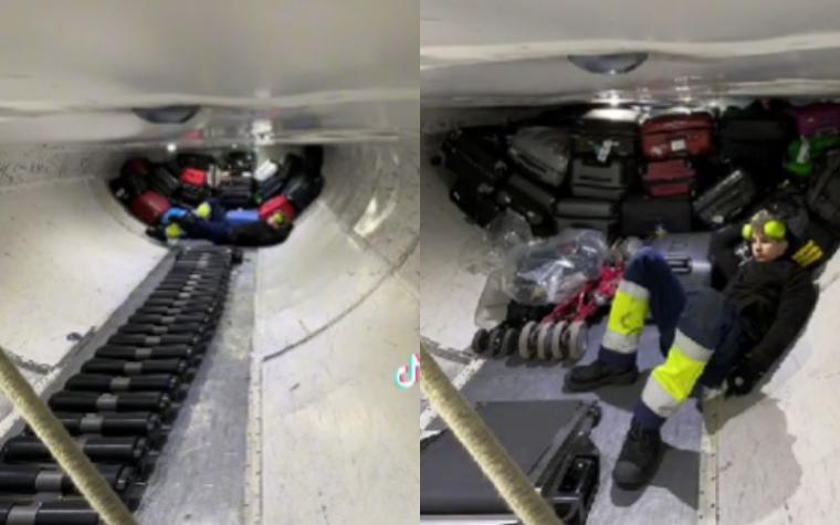 Trabajador mostró cómo se ordenan las maletas en la bodega de un avión