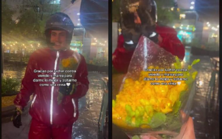 ¡Todo mojado! Repartidor de delivery llegó en moto en medio de tormenta a entregarle flores amarillas a su novia