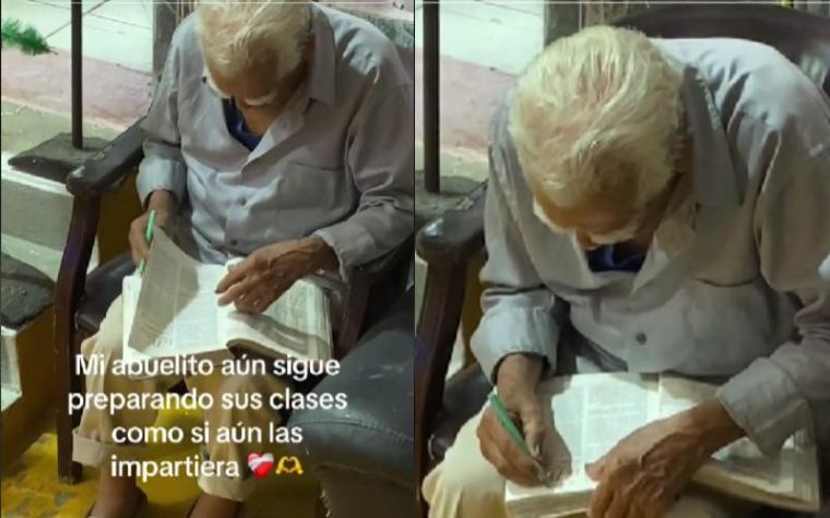 Profesor de edad avanzada sigue preparando sus clases a pesar de estar jubilado