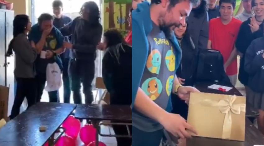 "Estamos felices y orgullosos de tenerlo": Profesor llora de alegría al ser sorprendido por sus alumnos de cuarto medio