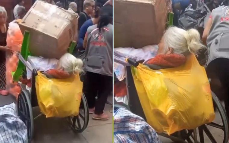 Video muestra cómo cargan compras sobre abuelita en silla de ruedas