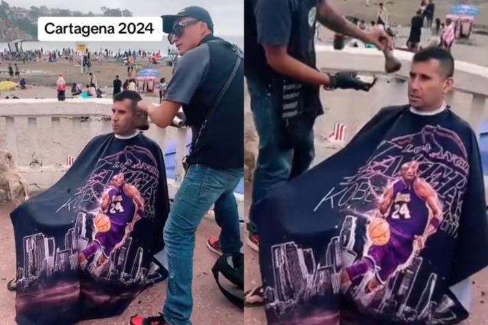 Improvisada peluquería en playa de Cartagena impacta en redes sociales