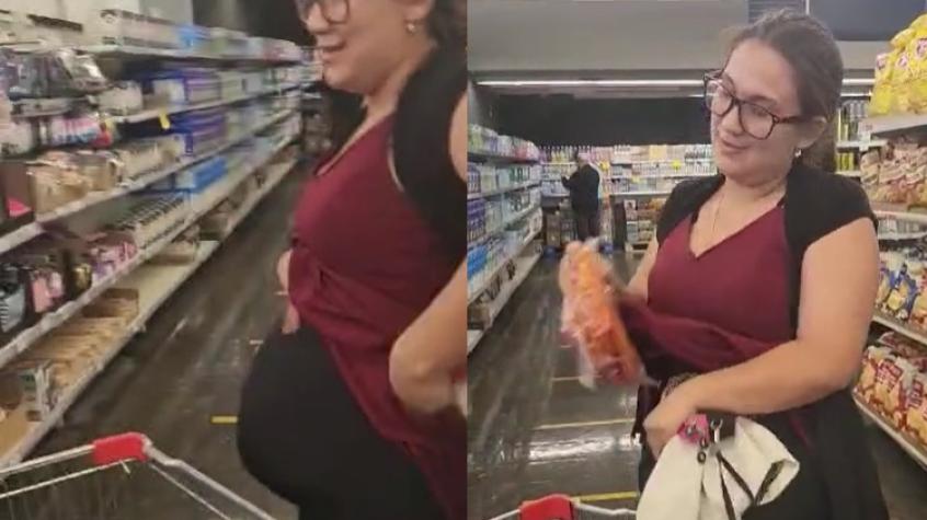 Mechera "embarazada" fue pillada y "dio a luz" una serie de productos en supermercado 