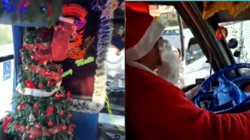 ¡Qué linda iniciativa! Micro en Quilpué tiene un árbol de Navidad en su interior y el chofer se disfraza de Viejito Pascuero